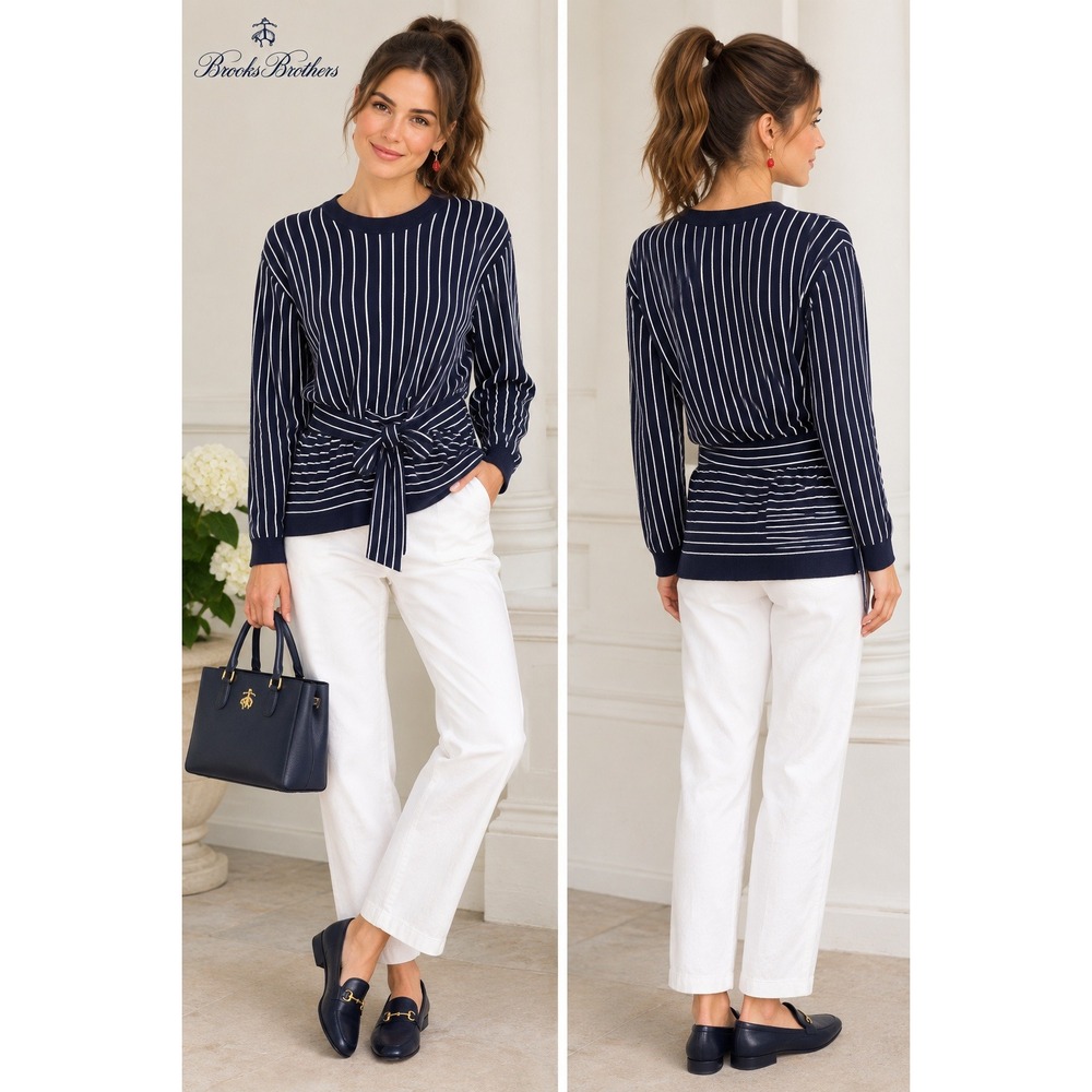 Brooks Brothers Supima Cotton Tie Waist Sweater Top M timeless old money preppy